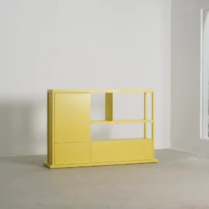 Bright Yellow Lacquered Open Shelf Cabinet, 185 cm in mustard — front view