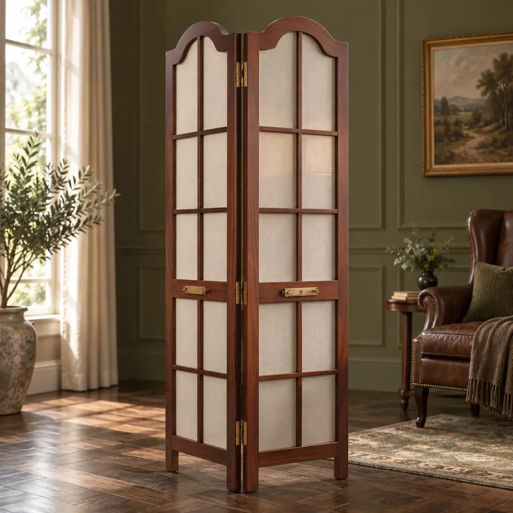 English Manor Walnut and Linen Folding Screen in walnut — front view