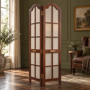 English Manor Walnut and Linen Folding Screen in walnut — front view