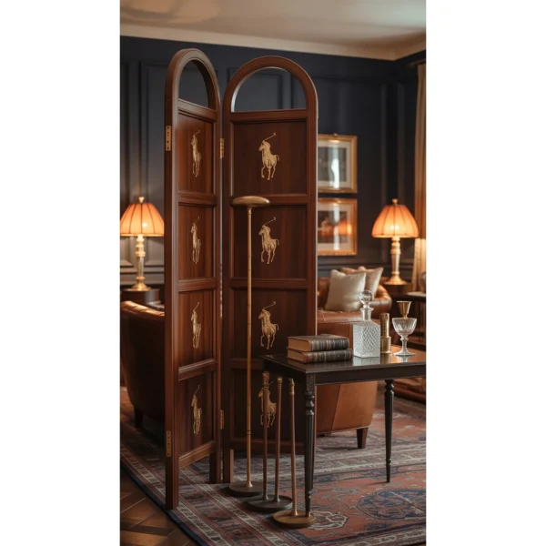 English Manor Walnut and Linen Folding Screen in walnut — in a room setting