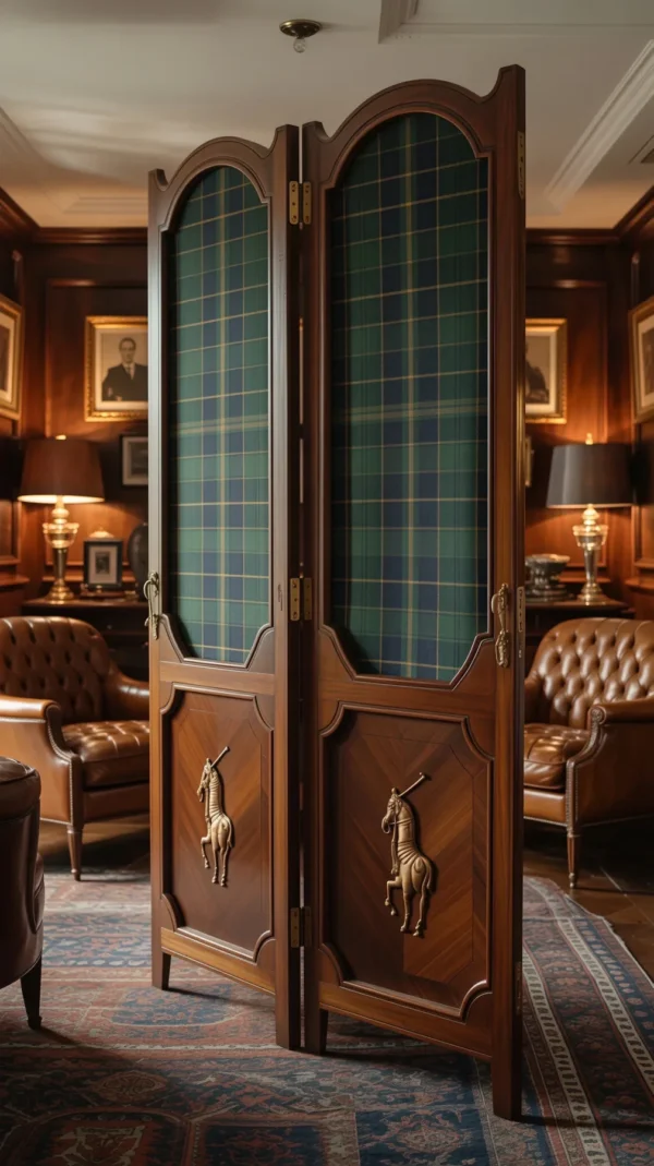 English Manor Walnut and Linen Folding Screen in walnut — in a room setting