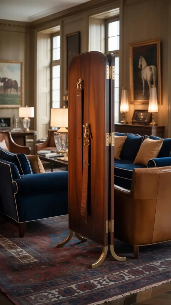 English Manor Walnut and Linen Folding Screen in walnut — in a room setting