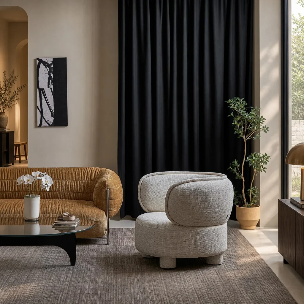 Ding Bronze-Inspired Round Armchair in Grey Bouclé — front view