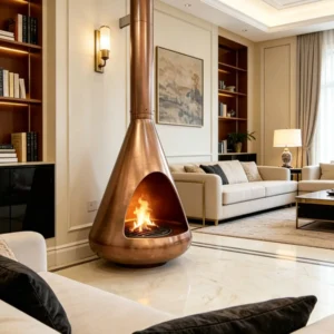 Antique Bronze Teardrop Floor-Standing Fireplace in bronze — front view
