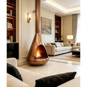 Antique Bronze Teardrop Floor-Standing Fireplace in bronze — in a room setting