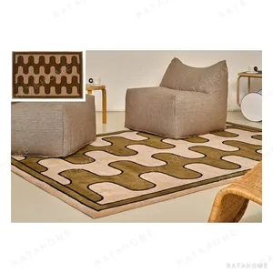 Brown and Beige Wave Check Rug in clay — in a room setting
