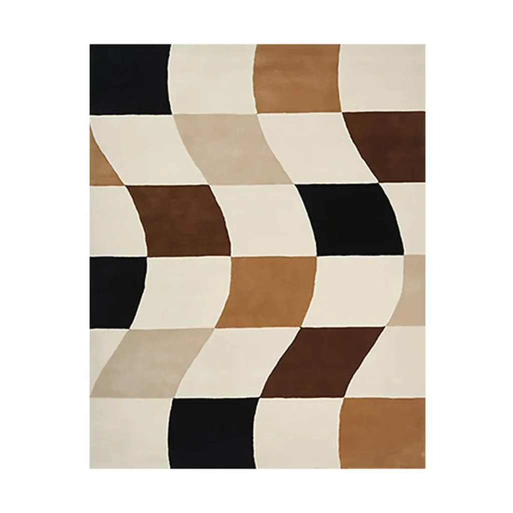 Brown, Black and Cream Wavy Checkerboard Rug in clay — front view