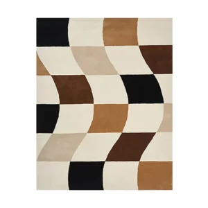 Brown, Black and Cream Wavy Checkerboard Rug in clay — front view