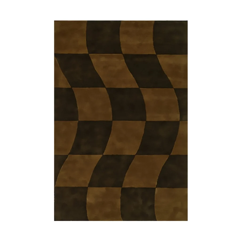 Brown and Green Wavy Checkerboard Rug in clay — front view