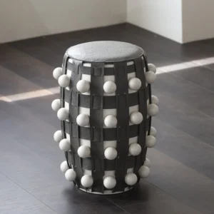 Brown and White Beaded Leather Drum Stool in clay — front view