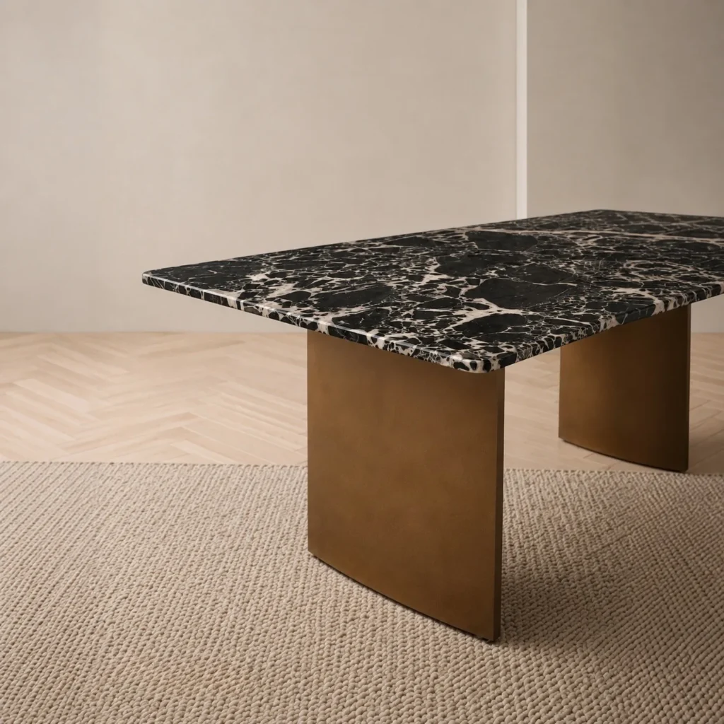 Black and White Marble Dining Table on Antique Bronze Legs in black — front view