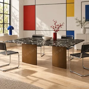 Black and White Marble Dining Table on Antique Bronze Legs in black — in a room setting