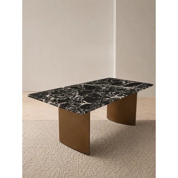 Black and White Marble Dining Table on Antique Bronze Legs in black — in a room setting