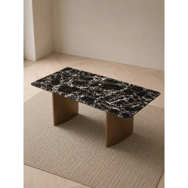 Black and White Marble Dining Table on Antique Bronze Legs in black — in a room setting
