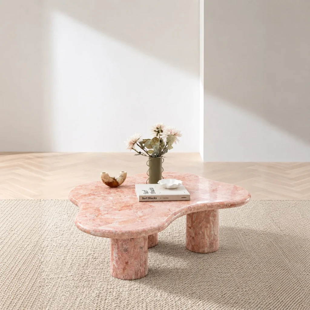Pink Cloud Marble Coffee Table on Cylinder Legs in rose stone — front view