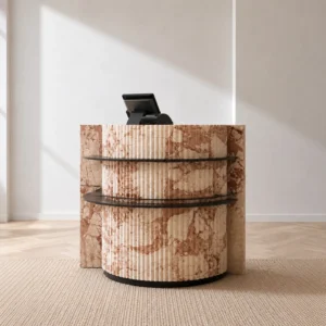 Pink Marble Curved Reception Desk with Black Metal Trim in rose stone — front view