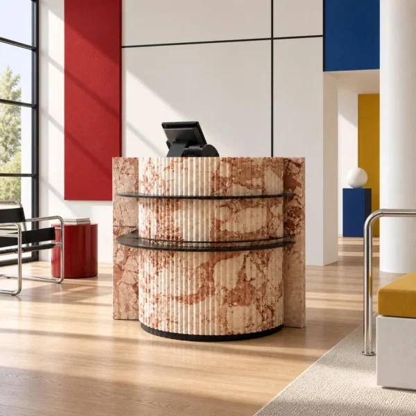 Pink Marble Curved Reception Desk with Black Metal Trim in rose stone — in a room setting
