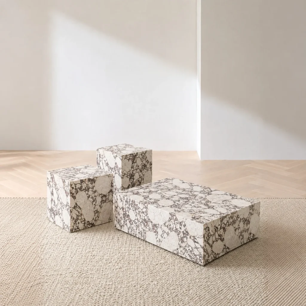 Purple Vein Marble Block Coffee Table Set of Three in oatmeal — front view