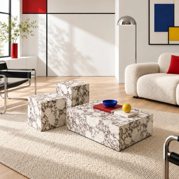 Purple Vein Marble Block Coffee Table Set of Three in oatmeal — in a room setting