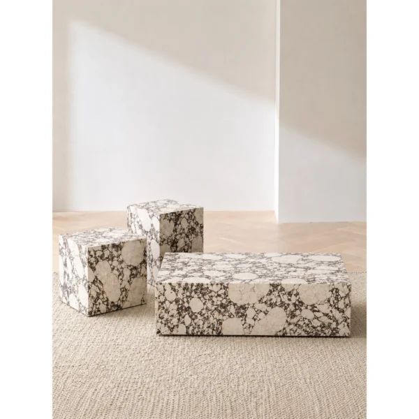 Purple Vein Marble Block Coffee Table Set of Three in oatmeal — in a room setting