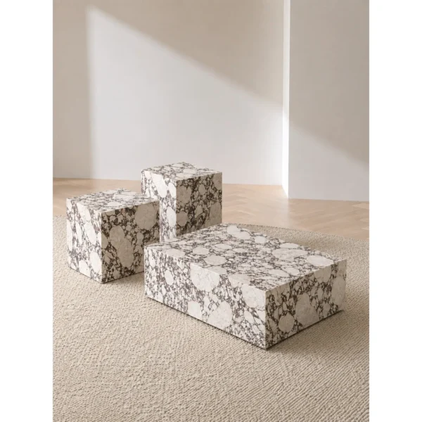 Purple Vein Marble Block Coffee Table Set of Three in oatmeal — in a room setting