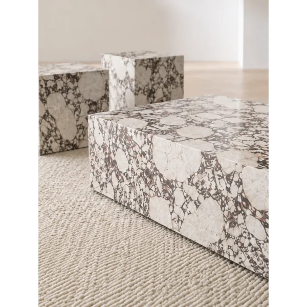 Purple Vein Marble Block Coffee Table Set of Three in oatmeal — in a room setting