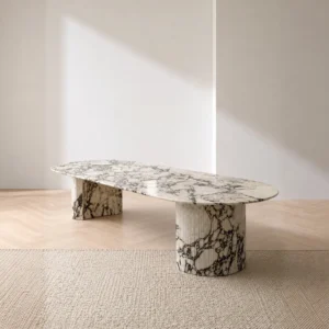 Purple-Veined Italian Marble Oval Coffee Table in oatmeal — front view