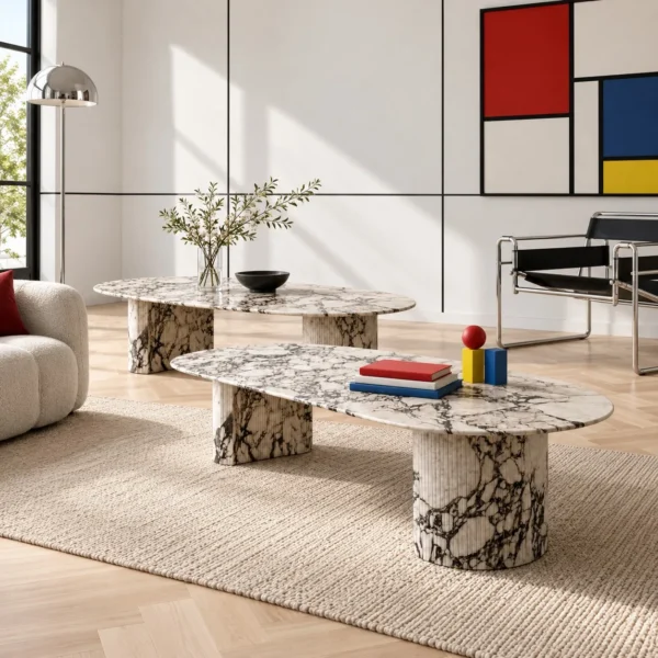 Purple-Veined Italian Marble Oval Coffee Table in oatmeal — in a room setting