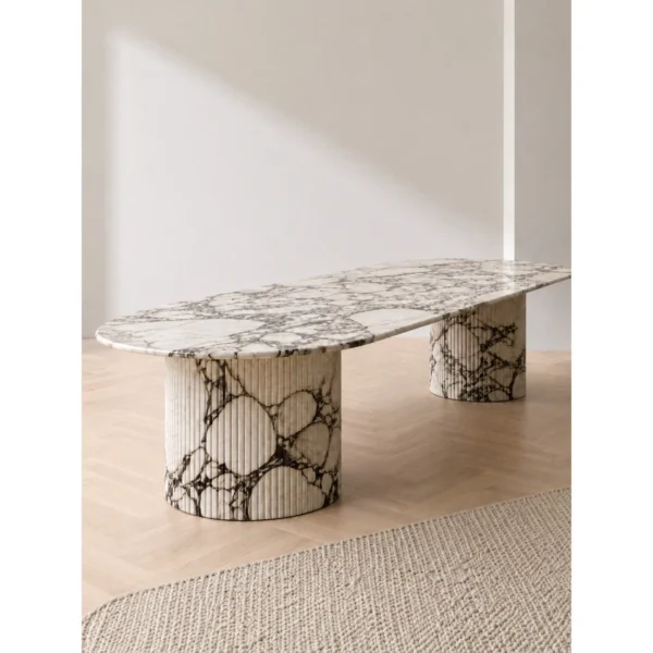 Purple-Veined Italian Marble Oval Coffee Table in oatmeal — in a room setting