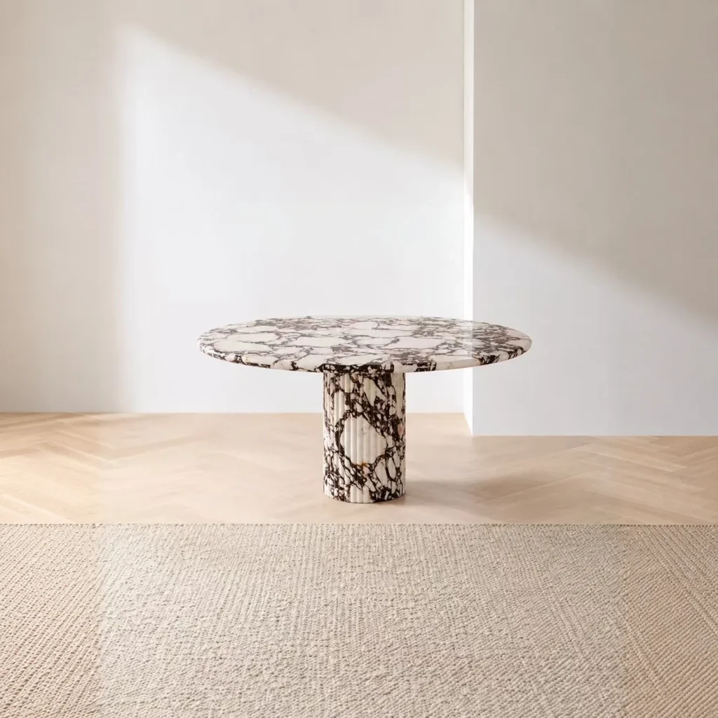 Purple-Veined Marble Round Table on Stone Column in oatmeal — front view