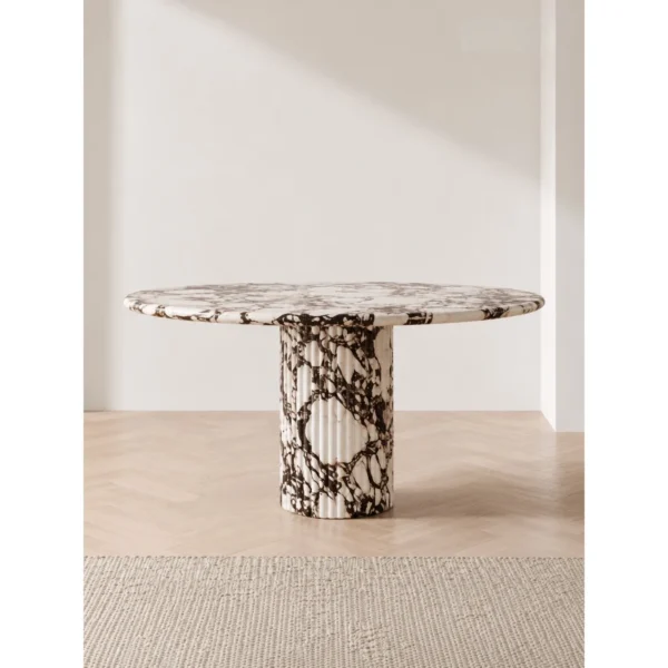 Purple-Veined Marble Round Table on Stone Column in oatmeal — in a room setting