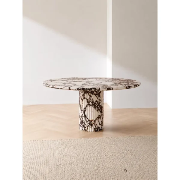 Purple-Veined Marble Round Table on Stone Column in oatmeal — in a room setting