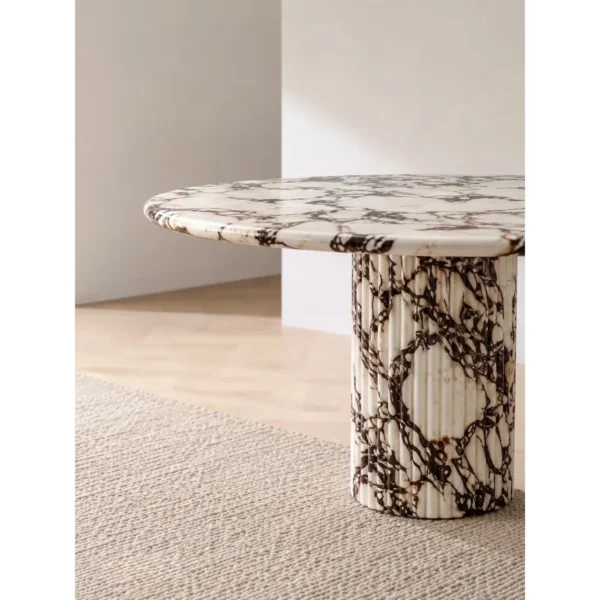 Purple-Veined Marble Round Table on Stone Column in oatmeal — in a room setting