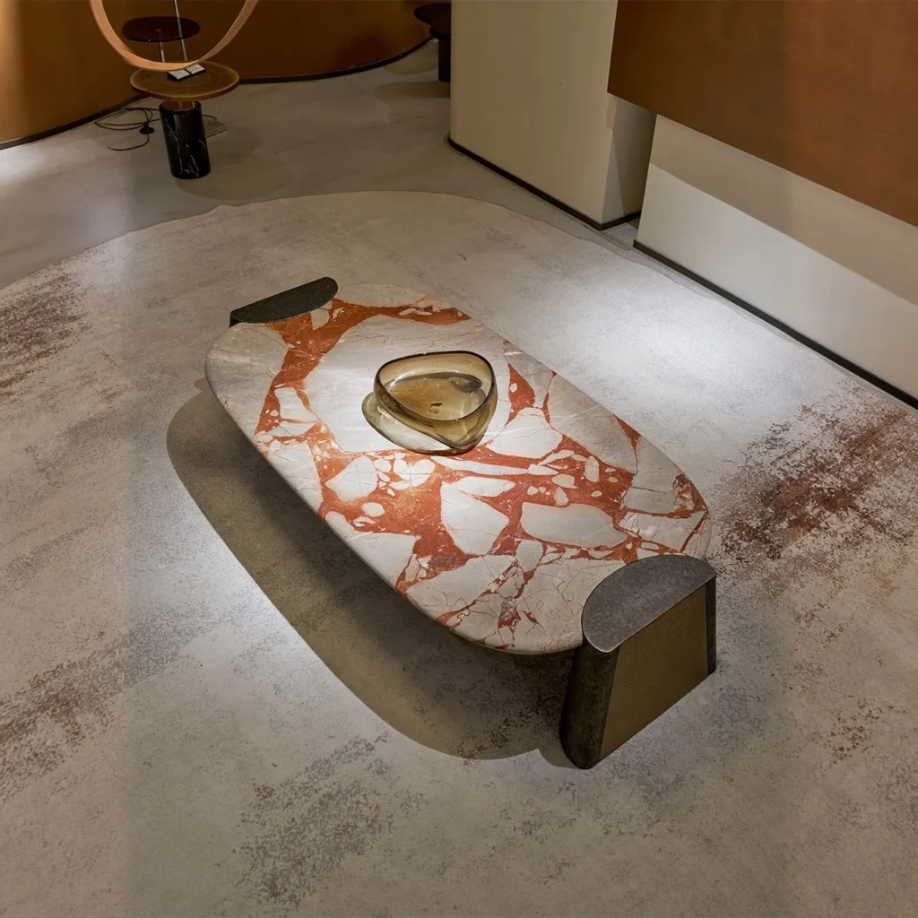 Pebble Red Jasper Marble Coffee Table on Steel Base in red — front view