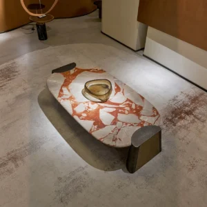 Pebble Red Jasper Marble Coffee Table on Steel Base in red — front view