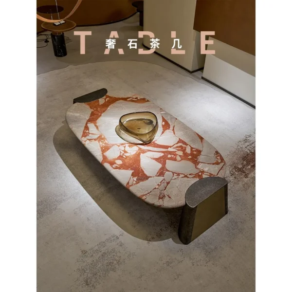 Pebble Red Jasper Marble Coffee Table on Steel Base in red — in a room setting