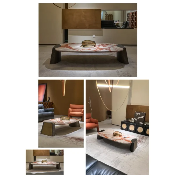 Pebble Red Jasper Marble Coffee Table on Steel Base in red — in a room setting