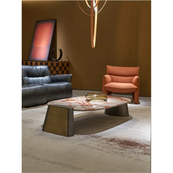 Pebble Red Jasper Marble Coffee Table on Steel Base in red — in a room setting