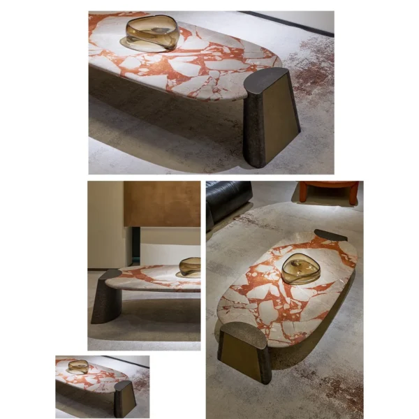 Pebble Red Jasper Marble Coffee Table on Steel Base in red — in a room setting