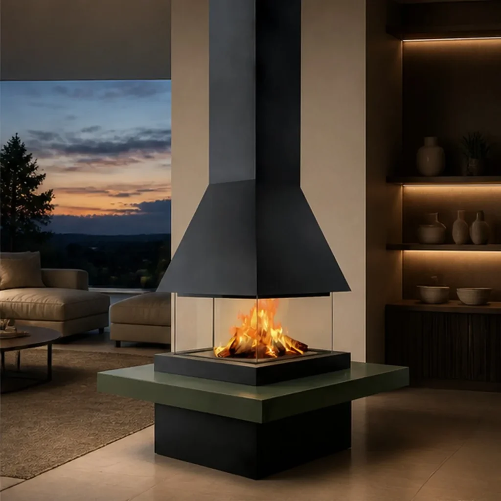 Burke Suspended Square Canopy Fireplace with Glass Screen in black — front view