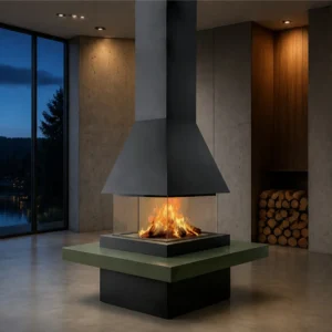 Burke Suspended Square Canopy Fireplace with Glass Screen in black — in a room setting