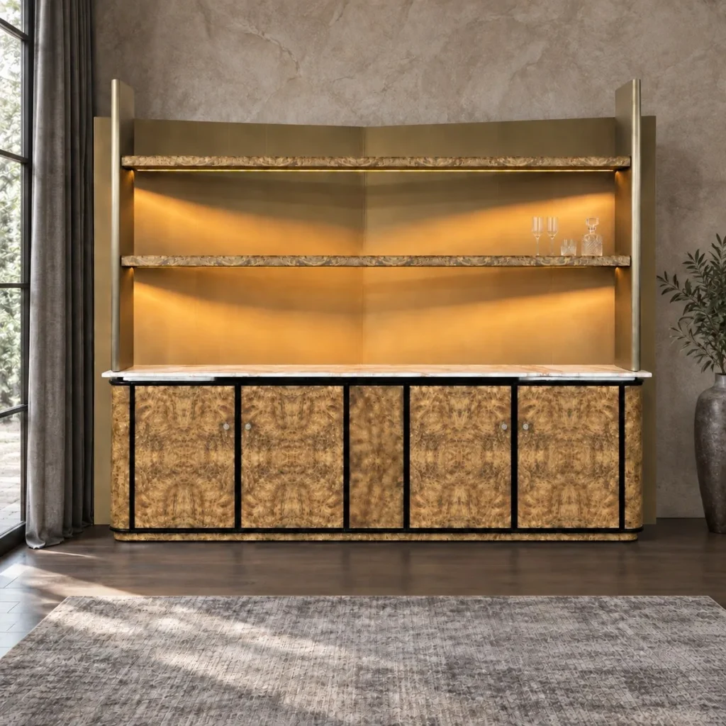 Burl Veneer Bar Cabinet with Lit Display Shelves — front view