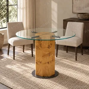 Burl Veneer Pedestal Table with Round Glass Top, 110 x 75 cm in clay — in a room setting