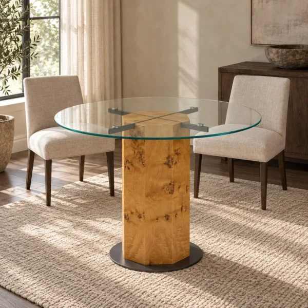 Burl Veneer Pedestal Table with Round Glass Top, 110 x 75 cm in clay — in a room setting