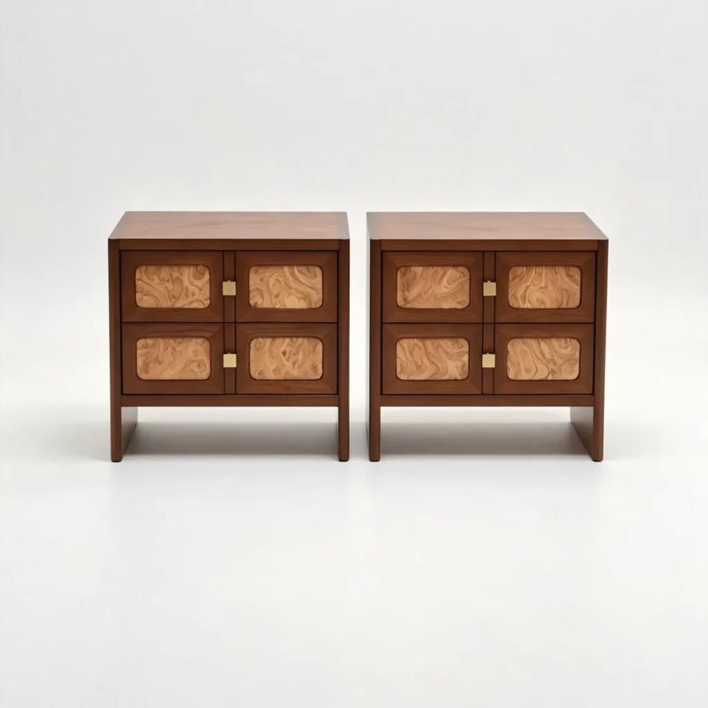 Burl Veneer Two-Door Nightstand — front view