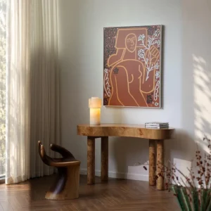 Burl Veneer Console Table with Curved Edge and Round Legs in clay — front view