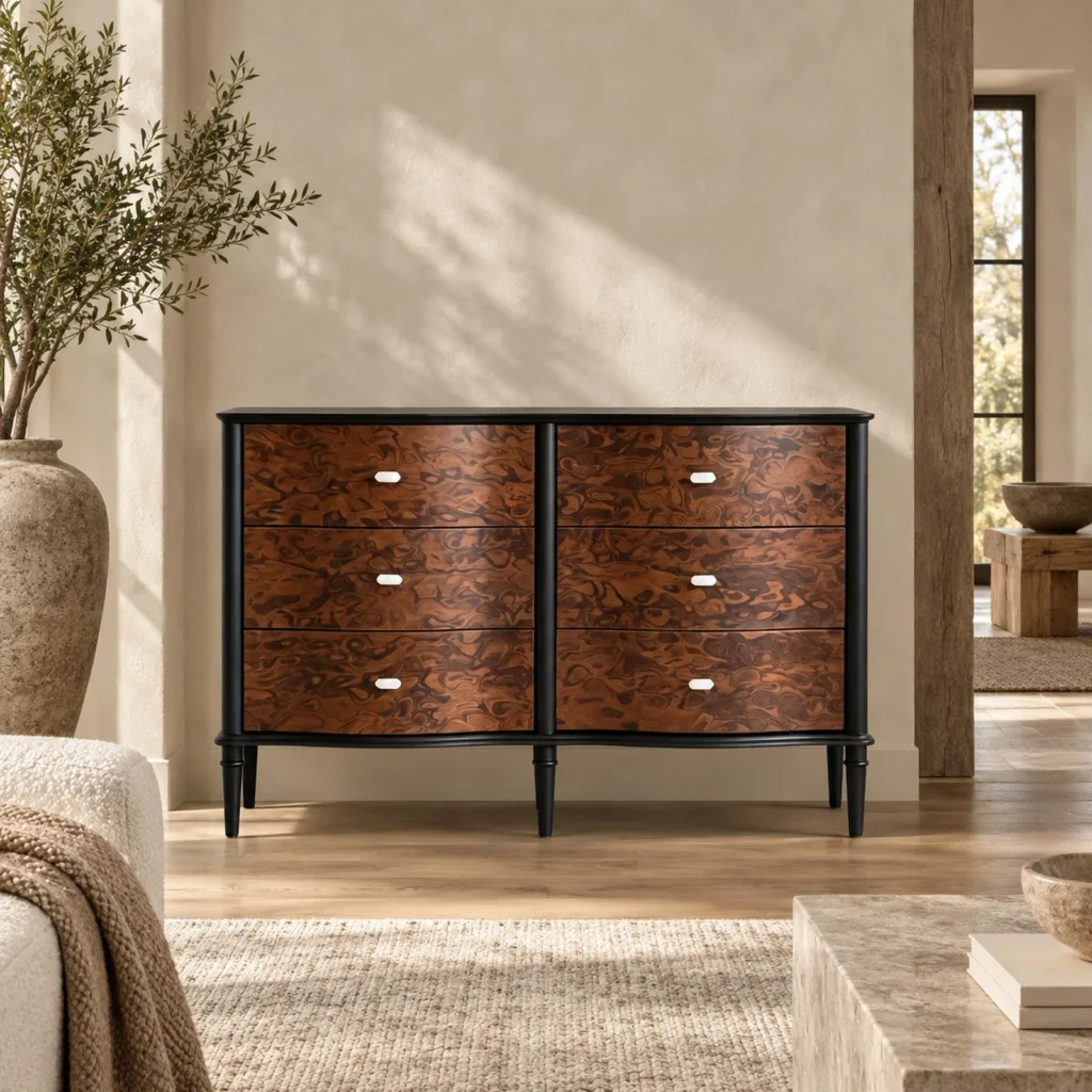 Burl Veneer Bow-Front Six-Drawer Chest with Black Frame in clay — front view