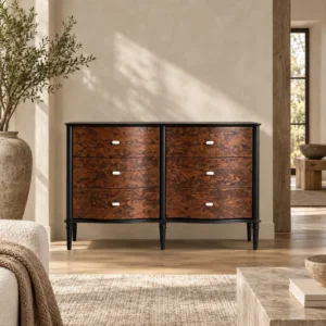 Burl Veneer Bow-Front Six-Drawer Chest with Black Frame in clay — front view