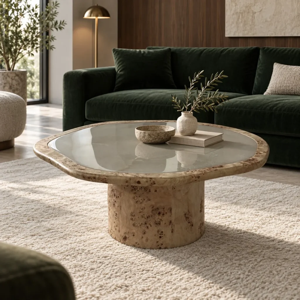 Burl Wood Coffee Table with Cloud Marble Inset Top in clay — front view