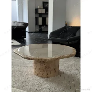 Burl Wood Coffee Table with Cloud Marble Inset Top in clay — in a room setting